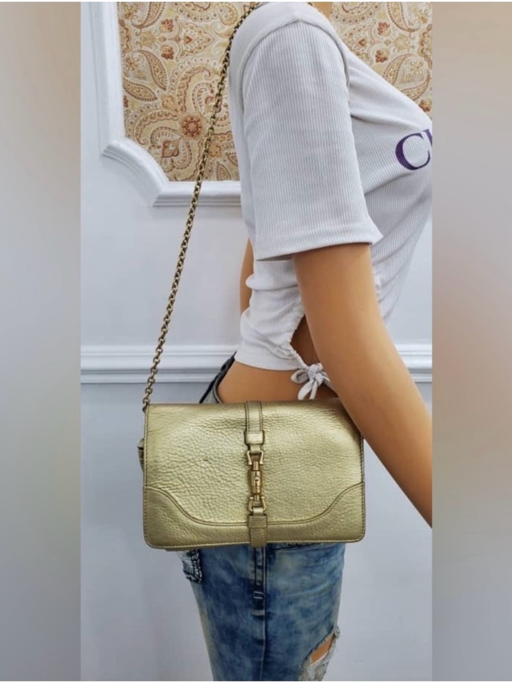 Gucci Poiston lock calfskin clutch purse